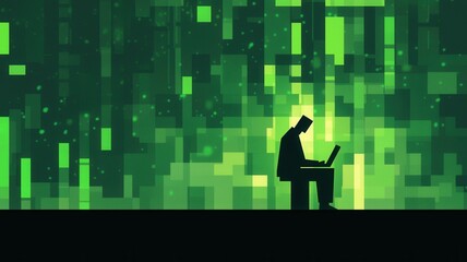 Poster - Abstract Digital Landscape with Silhouette of Technician Working on Laptop Amidst Green Pixelated Background Symbolizing Hacking and System Recovery Challenges