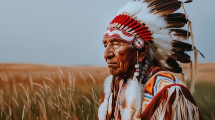 A calm Native American elder displays a wise expression while wearing a vibrant feather headdress against a simple background