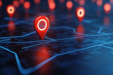Poster - Red location markers on dark digital grid representing data security breach with potential attack indicators in a modern technological landscape