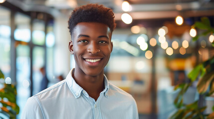 Poster - portrait of a smiling Young businessman looking at camera standing in modern office, happy entrepreneur 