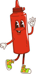 Leinwandbilder - Cartoon retro groovy ketchup sauce character with funny happy smile, vector comic fast food. Groovy funky ketchup sauce plastic bottle with cap and Hi gesture for fast food cartoon retro character