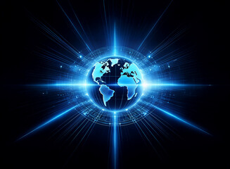 Aufkleber - A glowing blue Earth surrounded by light streaks and a circular pattern against a dark background.