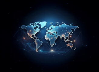 Aufkleber - a glowing blue world map with white dots radiating light and connected with lines against a dark blu