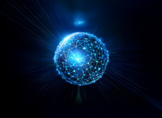 Aufkleber - a glowing blue sphere, connected by a network of lines, emits a bright light against a dark backgrou