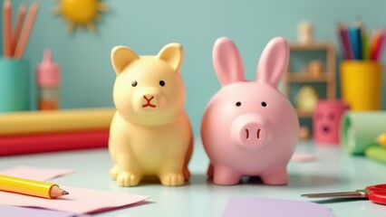 Colored markers for brainstorming sessions. Two adorable piggy banks, pink and mint, sit on a colorful desk surrounded by notes, embodying savings with playful charm.