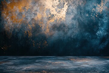 Wall Mural - dark moody background with blue and orange smoke and concrete floor.
