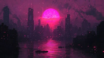 Poster - A cyberpunk city skyline with a large pink sun setting over a body of water. The buildings are tall and slender, and there are many lights on the water.
