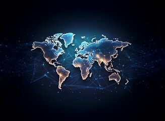Poster - A glowing, digital map of the world with a network of lines and dots connecting the continents.