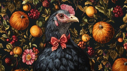 Wall Mural - Thanksgiving Hen with Pumpkins and Berries.