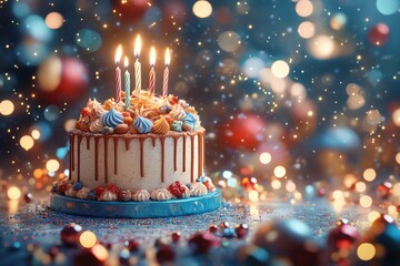 Poster - A delicious birthday cake with candles and colorful sprinkles against a festive bokeh background.
