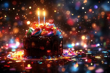 Poster - A delicious chocolate cake with colorful sprinkles and lit candles on a dark background with bokeh lights.