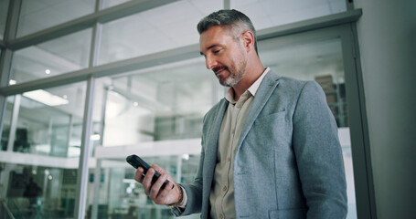 Poster - Businessman, phone and office for email notification, contact client and reading news report. Male person, accountant and online for economy update in workplace, trading website and communication
