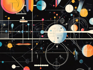 Wall Mural - an artistic cosmic illustration with planetary orbits and geometric shapes symbolizing space and kno