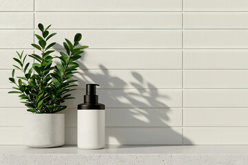 Wall Mural - realistic mockup of skincare product beside potted plant on clean surface, showcasing modern design and minimalism. soft shadows add depth to scene