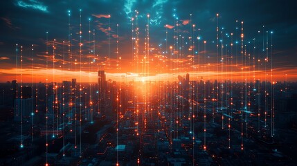 Aufkleber - A futuristic cityscape at sunset with a digital network of glowing lines connecting buildings.