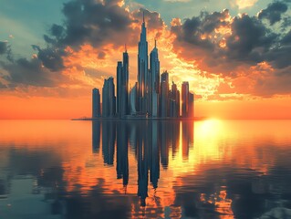 Poster - A futuristic cityscape with tall skyscrapers on a small island in the middle of the ocean, reflecting the setting sun and clouds.