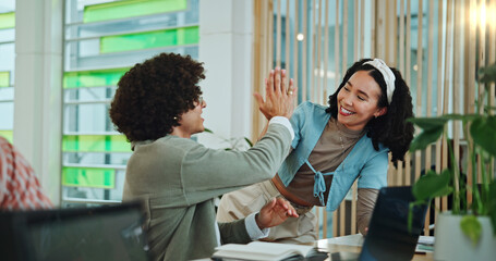 Aufkleber - College, smile and students with high five for education, english project or celebrate for exam score. Campus, people or friends with hand gesture for support, test results or solidarity for teamwork