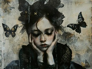  Melancholy Portrait of a Woman with Butterflies - Dark Art and Fantasy Painting