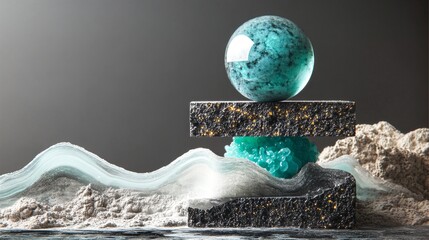 Aufkleber - A stunning still life features a vibrant turquoise sphere balanced atop textured surfaces. This artistic composition combines abstract elements with modern design. Ideal for creative projects. AI