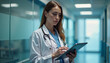 © ON - Studio - Dedicated doctor using a tablet in a serene hospital corridor during a quiet afternoon shift