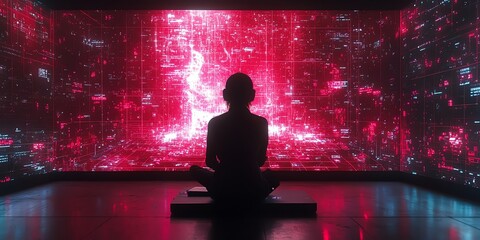 Leinwandbilder - A lone figure sits in front of a large screen displaying a digital world of glowing red data.