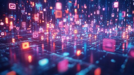 Poster - A colorful, pixelated image of a cityscape with many different icons and symbols