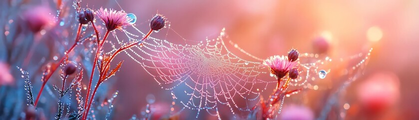 Wall Mural - Dewkissed spider web, morning light, wildflowers, enchanted closeup