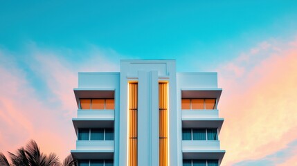 Canvas Print - A modern building stands against a vibrant sunset sky, showcasing sleek architecture and warm glowing lights.