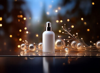 A white bottle with a silver pump sits in front of a blurred background of golden lights and shiny baubles.