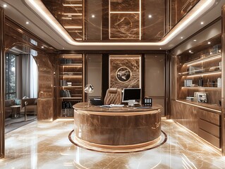 Poster - A modern, luxurious office interior with a round desk, marble floors, and bookcases.