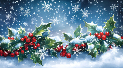 Wall Mural - Red Christmas background with holly berry and leaf illustration, perfect for holiday card design