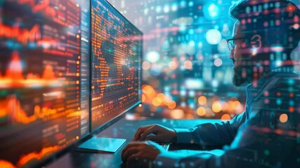Poster - A dedicated programmer engages with complex code on dual monitors, illuminated by city lights and vivid data graphics, showcasing the fusion of technology and innovation during late hours.