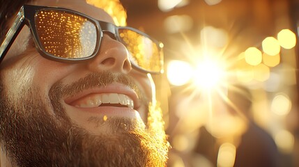 Wall Mural - Man enjoying sunset with reflective sunglasses