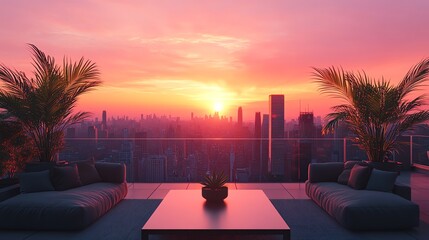 Aufkleber - A rooftop terrace with lounge furniture and potted plants offers a breathtaking view of a city skyline at sunset.