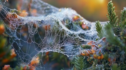 Intricate Spider Web Covered in Shimmering Morning Dew Showcasing Nature s Delicate Beauty
