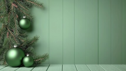 elegant green christmas decorations with pine branches and ornaments on a wooden surface.