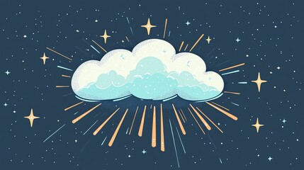 Poster - A single cloud with a light blue sky, shining brightly with star-shaped rays of light in the night sky with stars.