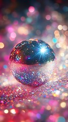 Poster - A single silver bauble with a glittery background and a starburst reflection.