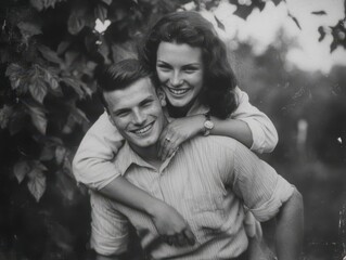 Smiling couple in black and white vintage portrait.