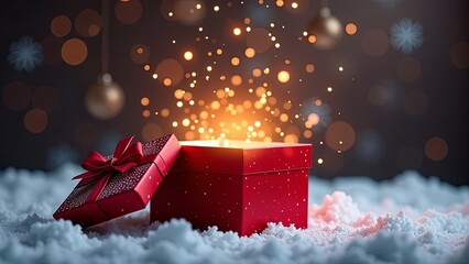 Wall Mural - an opened red magic 3d box with golden rays flying from box. festive christmas backround with snowfl