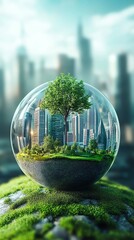 Aufkleber - A small world with a city, a tree, and green grass inside a glass sphere on a green mossy surface with a city skyline in the background.