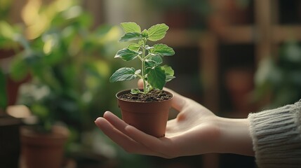 Wall Mural - A hand holds a small potted plant, symbolizing growth and care for nature.