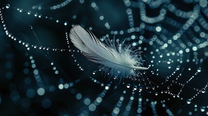 Wall Mural - Luminous key with feathers emerging from a spiderweb set against a black backdrop featuring bokeh