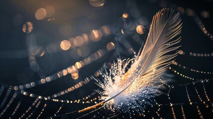 Wall Mural - Luminous key with feathers emerging from a spiderweb set against a black backdrop featuring bokeh