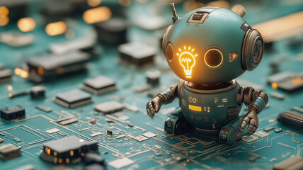 Poster - A robot is sitting on a circuit board with a light bulb on its head. The robot is surrounded by electronic components and wires, giving the impression of a futuristic or technological setting