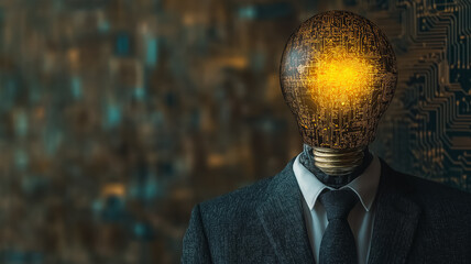 Poster - A man's head is lit up like a light bulb, with a computer chip on his forehead. Concept of technology and innovation, with the man's attire suggesting a professional or business setting