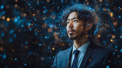 Poster - A man in a suit and tie is looking at the camera with a serious expression. The image is a digital rendering of a man's face, with a blue background and a lot of small dots