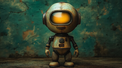 Poster - A robot with a yellow face stands in front of a blue wall. The robot is old and rusty, giving it a creepy appearance. The scene is set in a dark and moody atmosphere