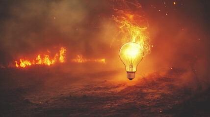 Poster - A light bulb is floating in the air above a field of fire. The scene is dark and ominous, with the fire and the light bulb creating a sense of danger and chaos