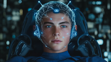 Poster - A young man wearing a blue suit with a blue helmet on his head. The helmet is glowing and has a blue light on it